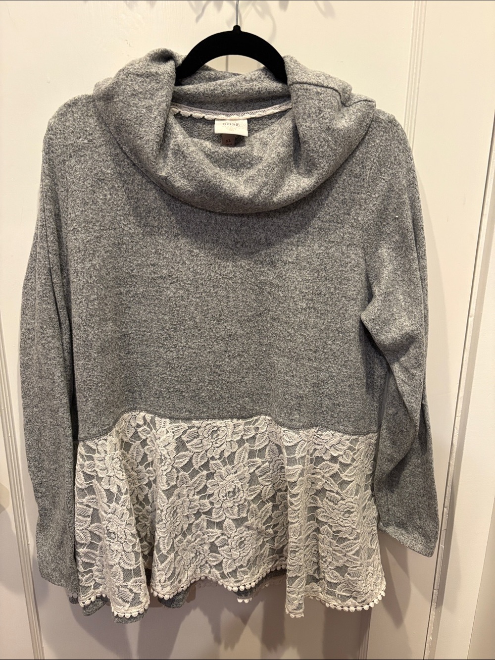 Knox Rose Gray Cowl Neck Sweater with Cream Lace Trim BN512